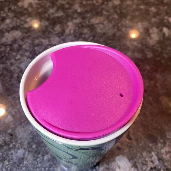 Starbucks 2022 Silver Green Swirl  12oz Tumbler Ceramic Purple Lid - Picture 5 of 5